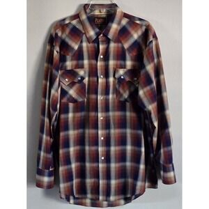Plains Western Wear Cowboy  Pearl Snaps Long Sleeve Plaid Shirt Men's XL